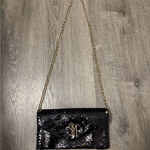 Steve Madden Black Sequin Clutch with Gold Chain